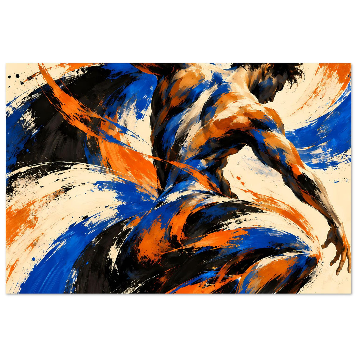 Kunstposter mit kräftigen Pinselwirbeln in Blau und Orange sowie schwarzen Akzenten
