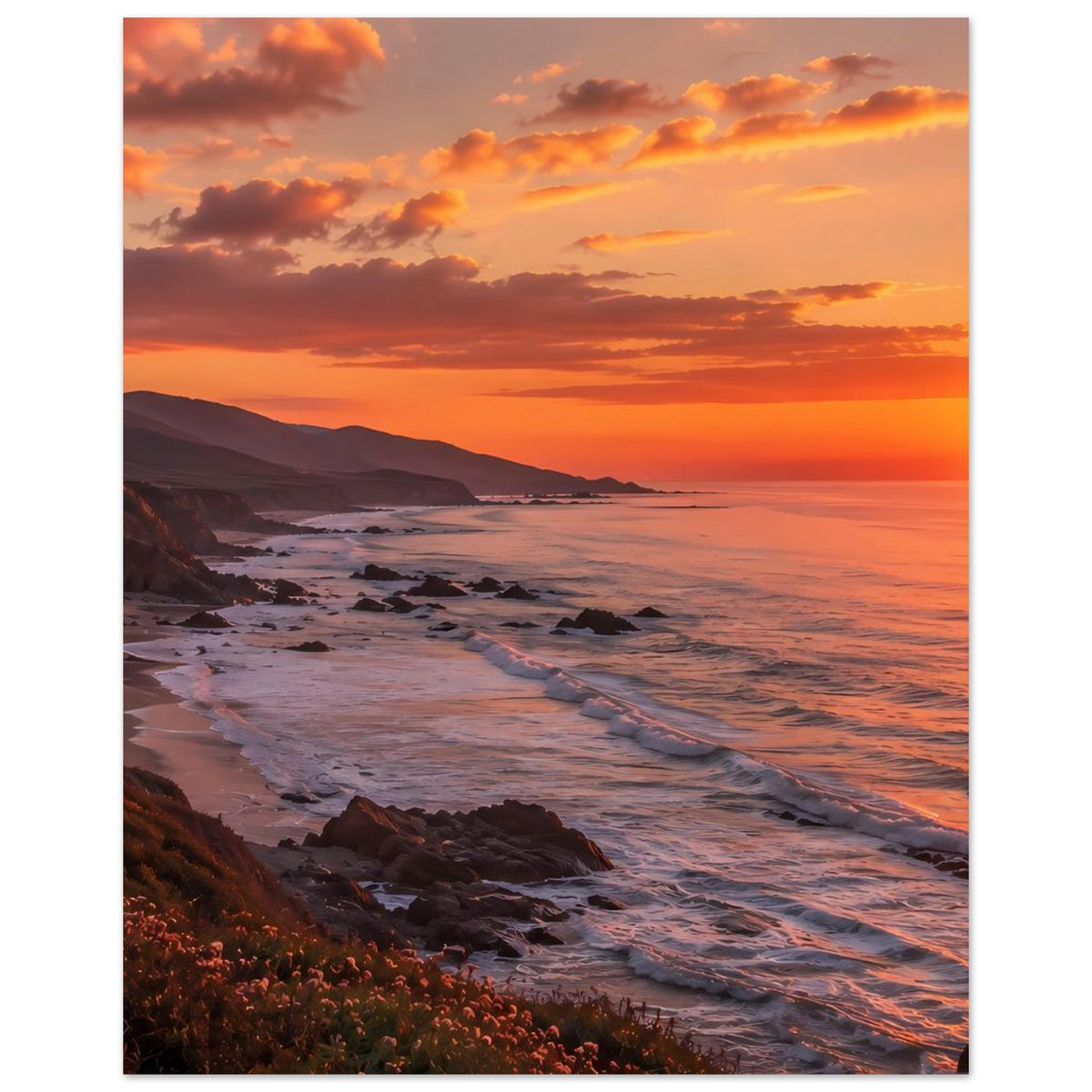 Poster mit Sonnenuntergang an der Küste, Strandlinie und dramatischer Himmel