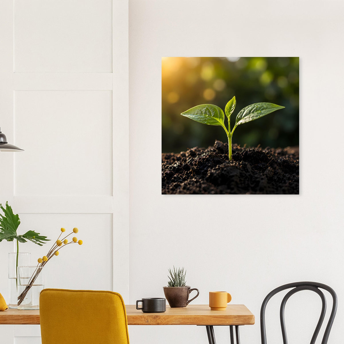 Gerahmtes Wandbild mit jungem grünen Keimling im Boden, warmes Licht im unscharfen Hintergrund