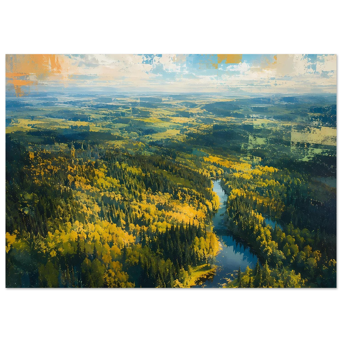 Herbstwald-Poster im Querformat mit Fluss und gelben Laubbäumen