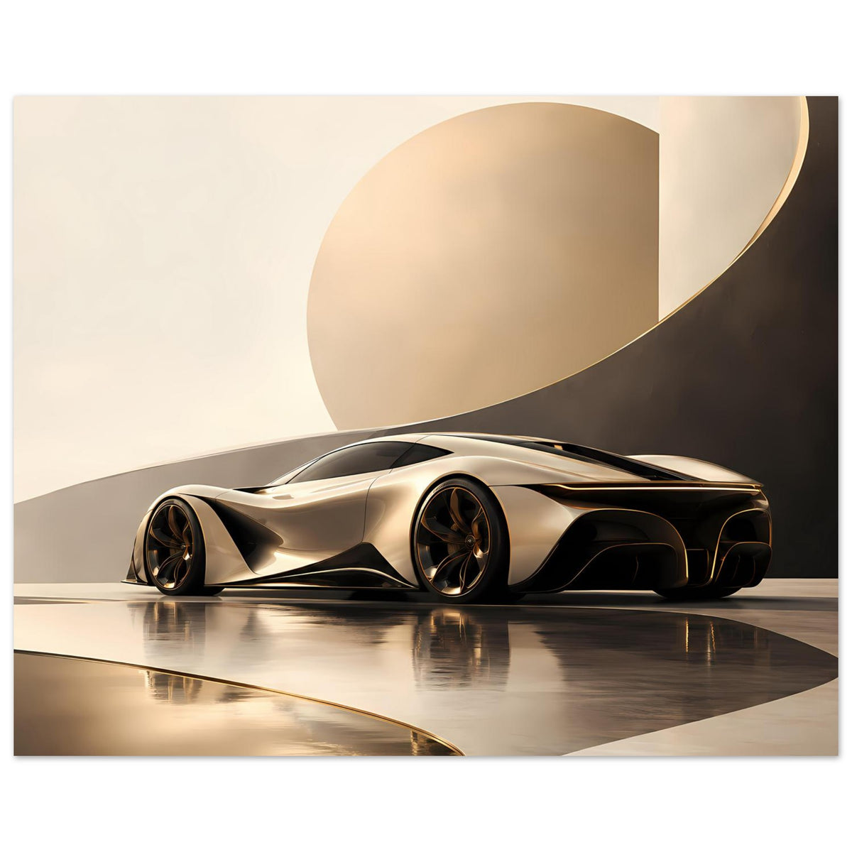 Autoposter: schwarz-goldener Sportwagen mit markanter Front, reflektierender Bodenfläche