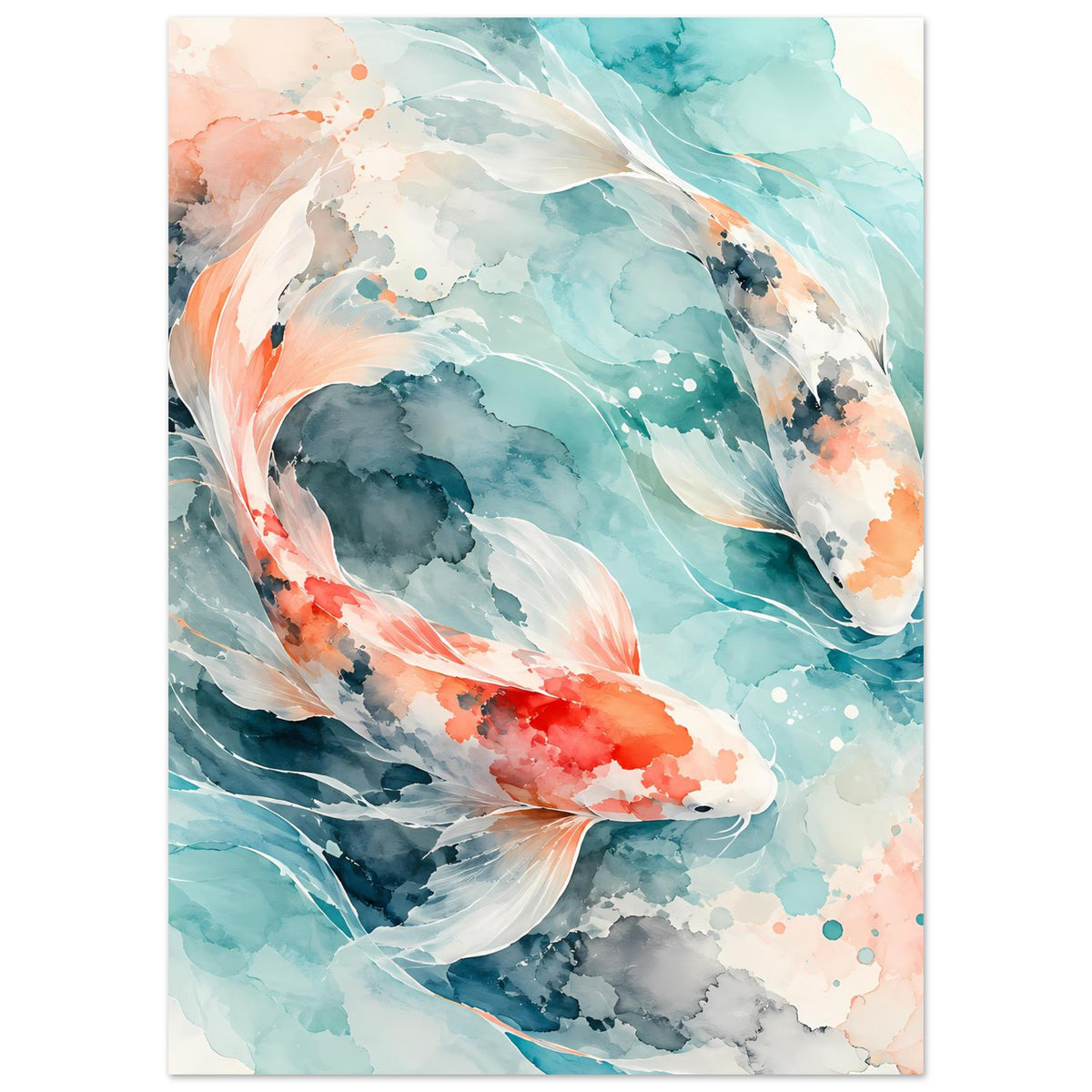 Vertikales Poster mit Aquarell-Koi-Fischpaar, Koi in Türkis, Lachs und Grau