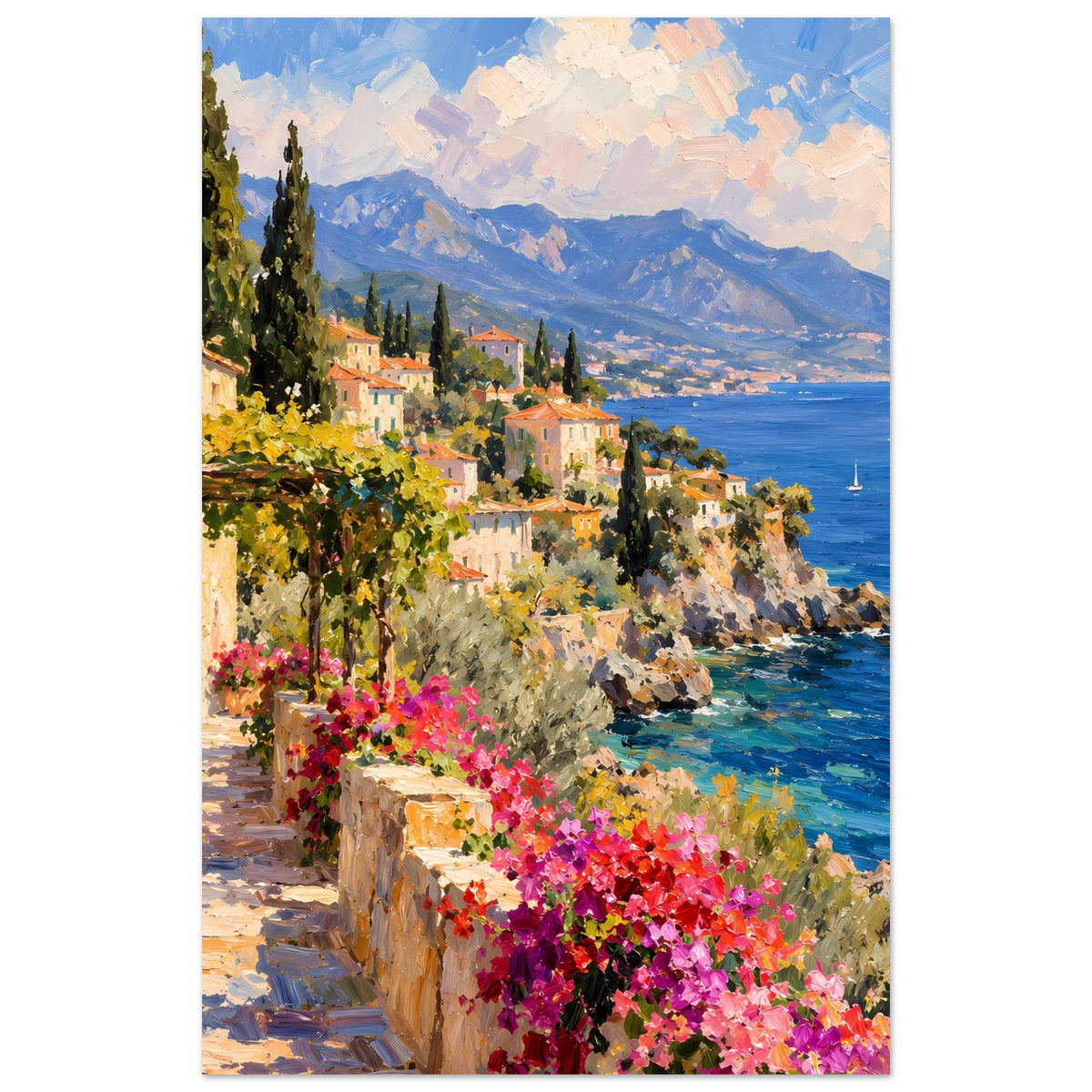 Hochformat-Poster: Küste mit bunten Häusern, türkisblauem Meer und pinken Blüten