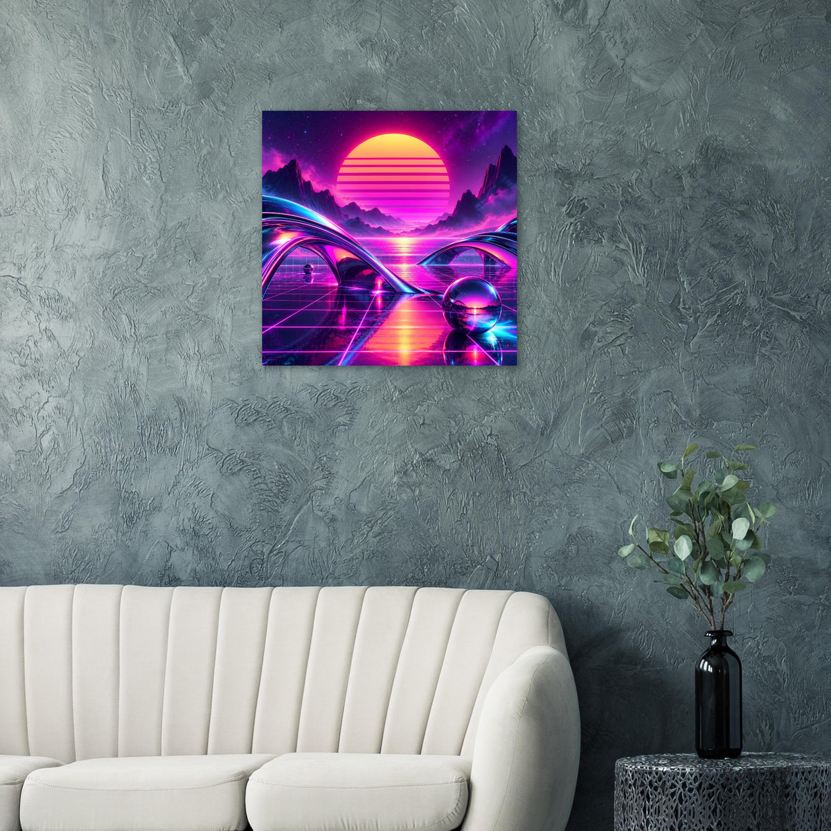 Retro-Science-Fiction-Poster mit Neon-Sonnenuntergang, futuristischen Strukturen und Astronautenhelm