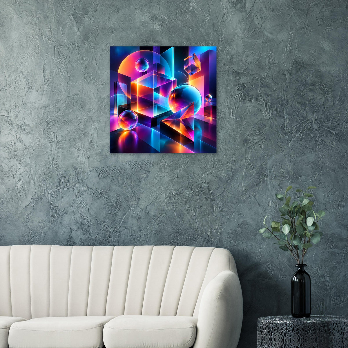 Quadratisches Neon-Geometry-Poster mit violetten, blauen und orangen 3D-Strukturen