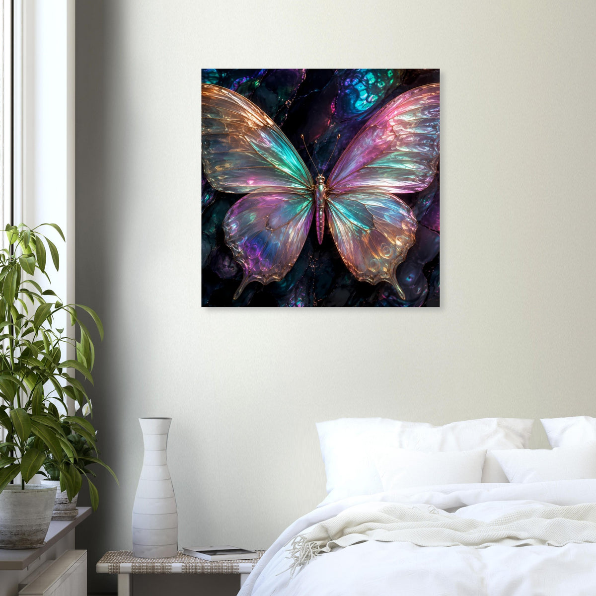 Schmetterling-Poster mit irisierenden Flügeln, kontrastreicher dunkler Farbfläche.