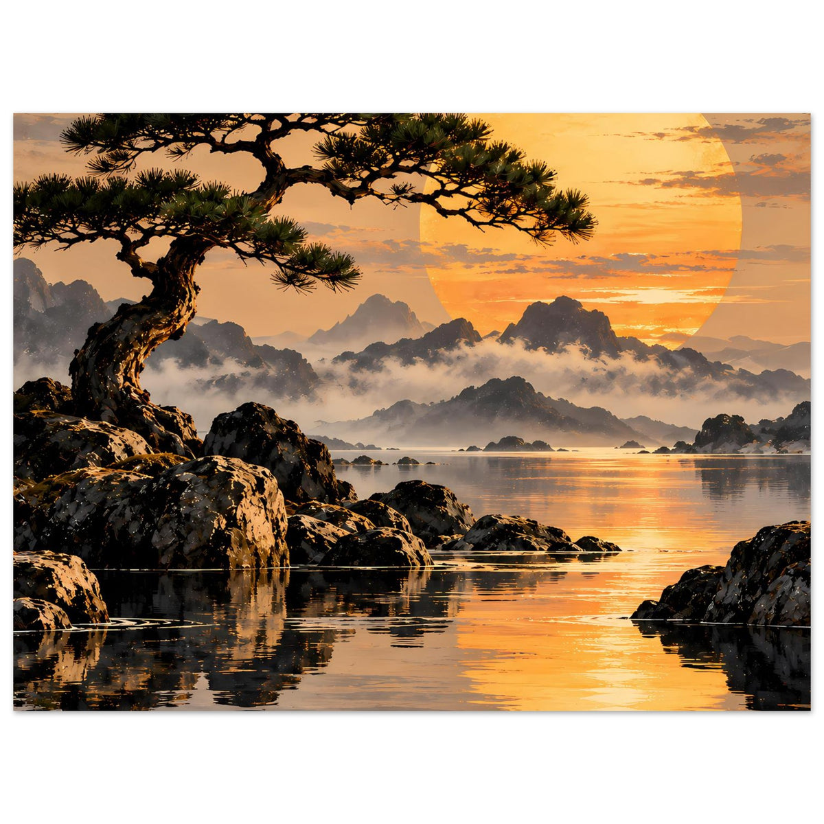 Landschafts-Poster (Querformat) mit Baumkrone, Felsriff, Sonnenuntergang am See