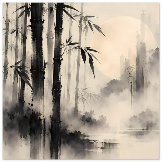 Poster mit Bambuswald-Motiv in Schwarzweiß, Nebel über Wasser, horizontales Format