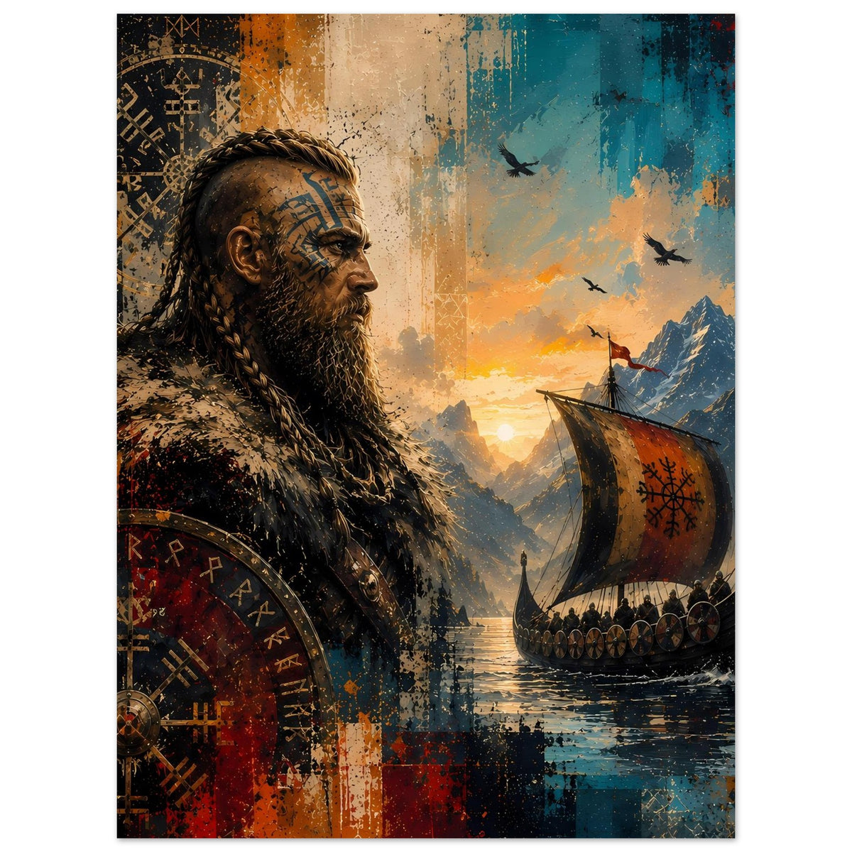 Saga-Poster mit Wikingerkrieger-Porträt und Langschiff, runenbeschrifteter Segelbereich