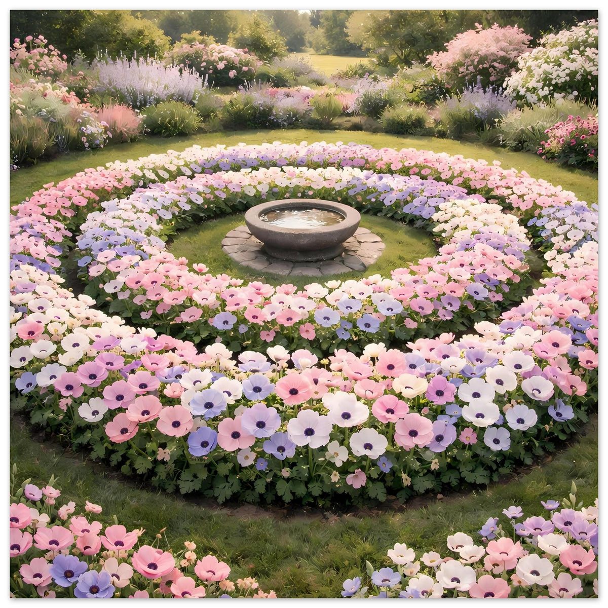 Poster mit pastellfarbenem Blumengarten: Kreisbeete voller Blüten, Stein-Schale mittig