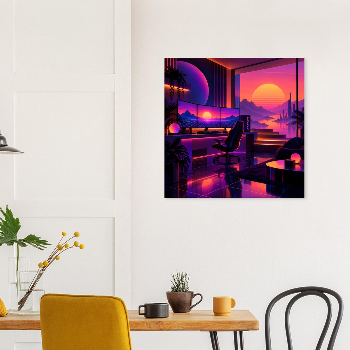 Quadratisches Retro-Poster mit futuristischem Blick, orange Sonne, pinke und violette Lichtakzente
