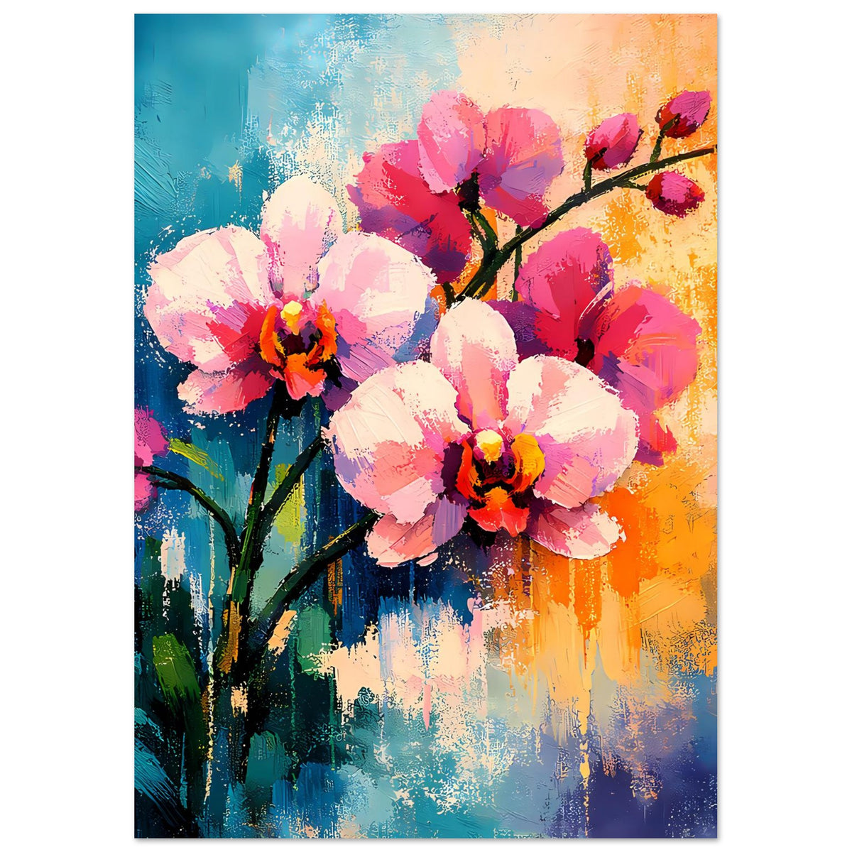 Blumenposter im Hochformat: abstrakte Blüten in Pink, Weiß und Orange auf gemischten Farbtönen