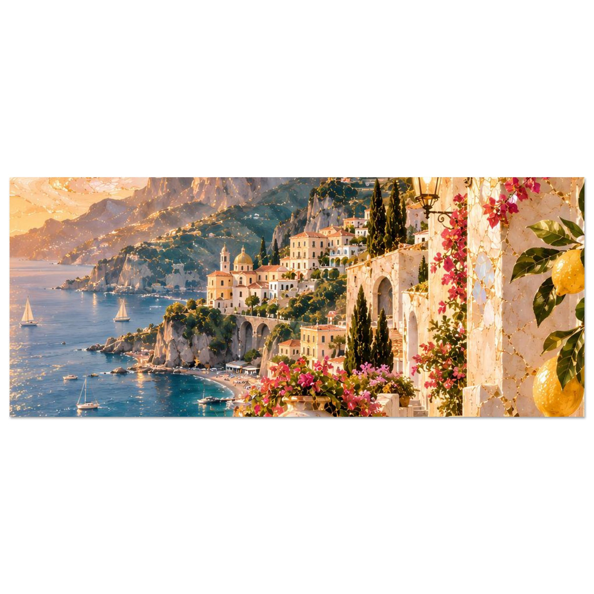 Mediterranes Küstenposter im Querformat: Küste mit Booten, Bergen und Blumen