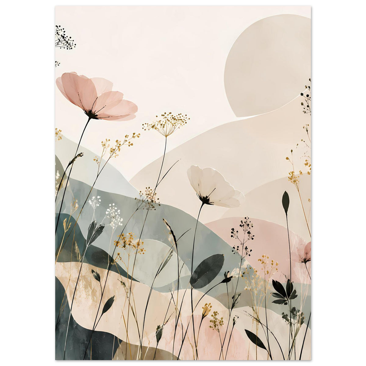 Blumen-Abstract-Poster: zarte Blüten, feine Dolden und kräftige Blattformen in Pastelltönen