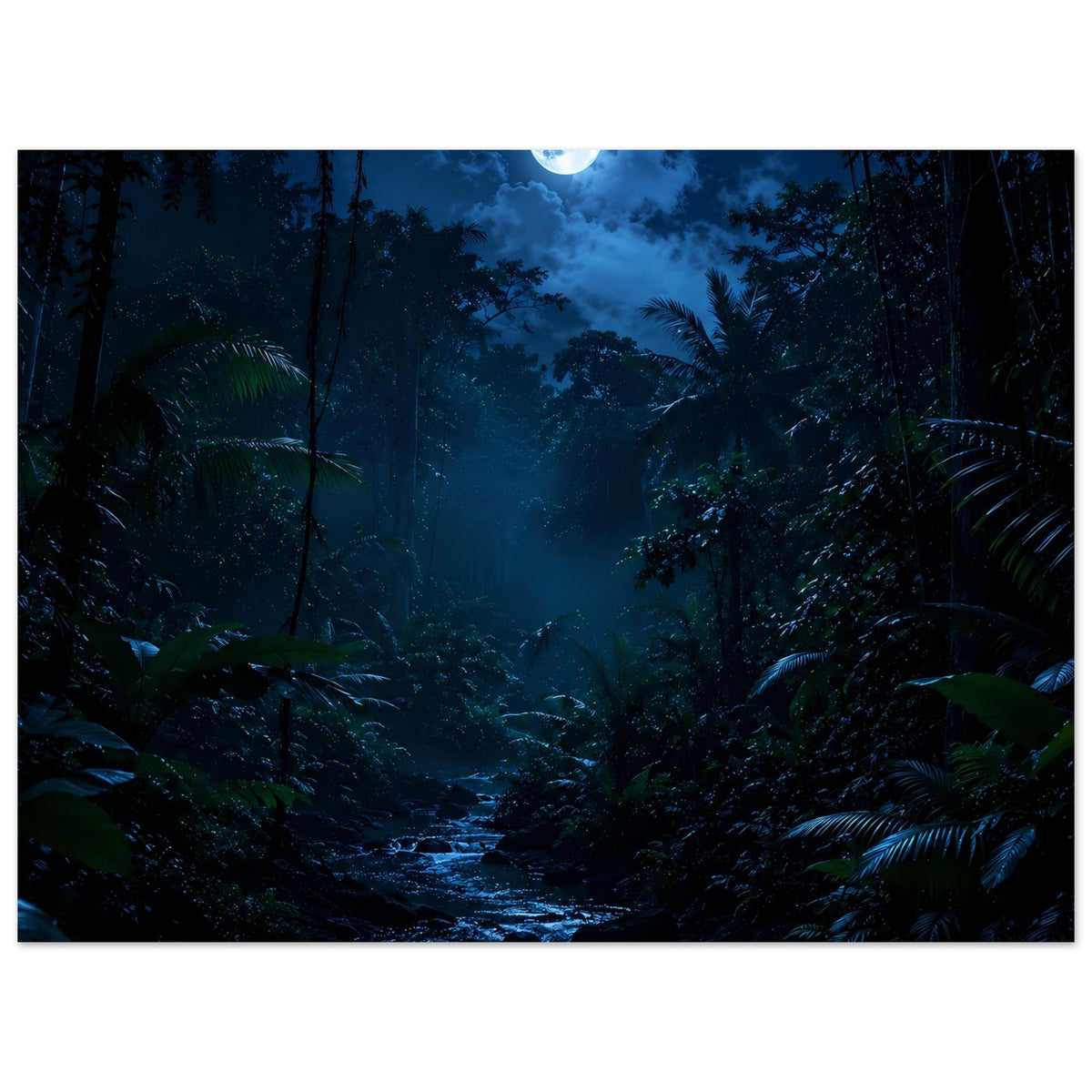 Poster: Dschungel bei Nacht mit Mond über Baumwipfeln, dunkle Vegetation