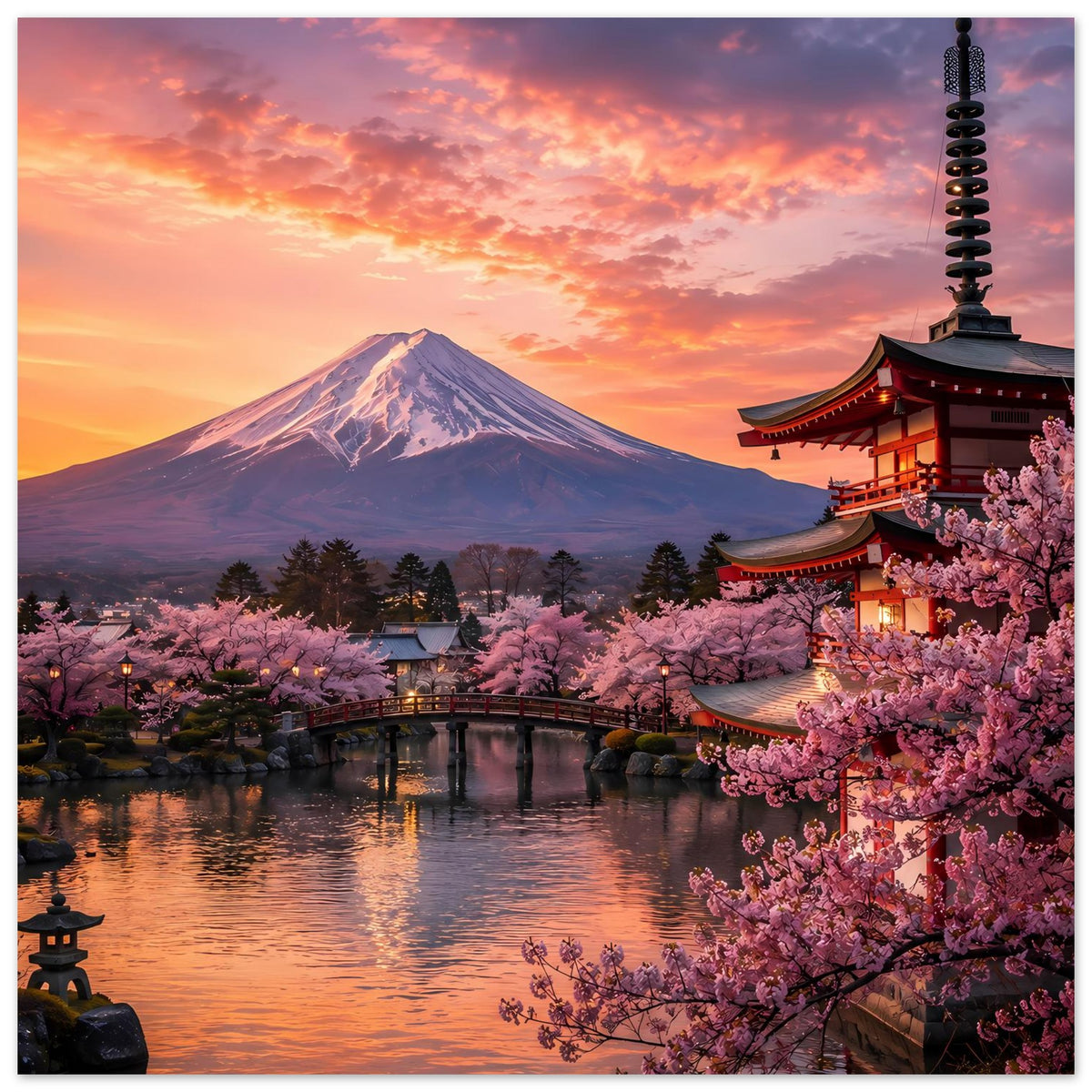 Poster mit Berg Fuji, Pagode, Kirschblüten am Fluss und orangefarbenem Abendhimmel