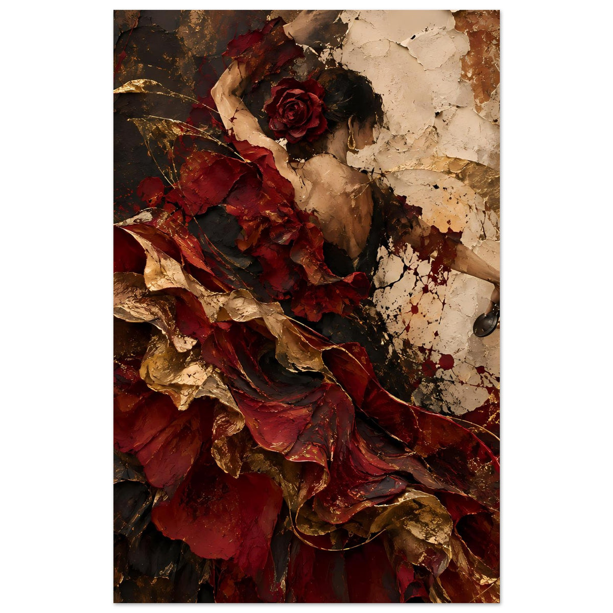 Wandkunst-Poster mit weiblicher Silhouette, roter Rose und kräftigen roten, goldenen Texturdetails