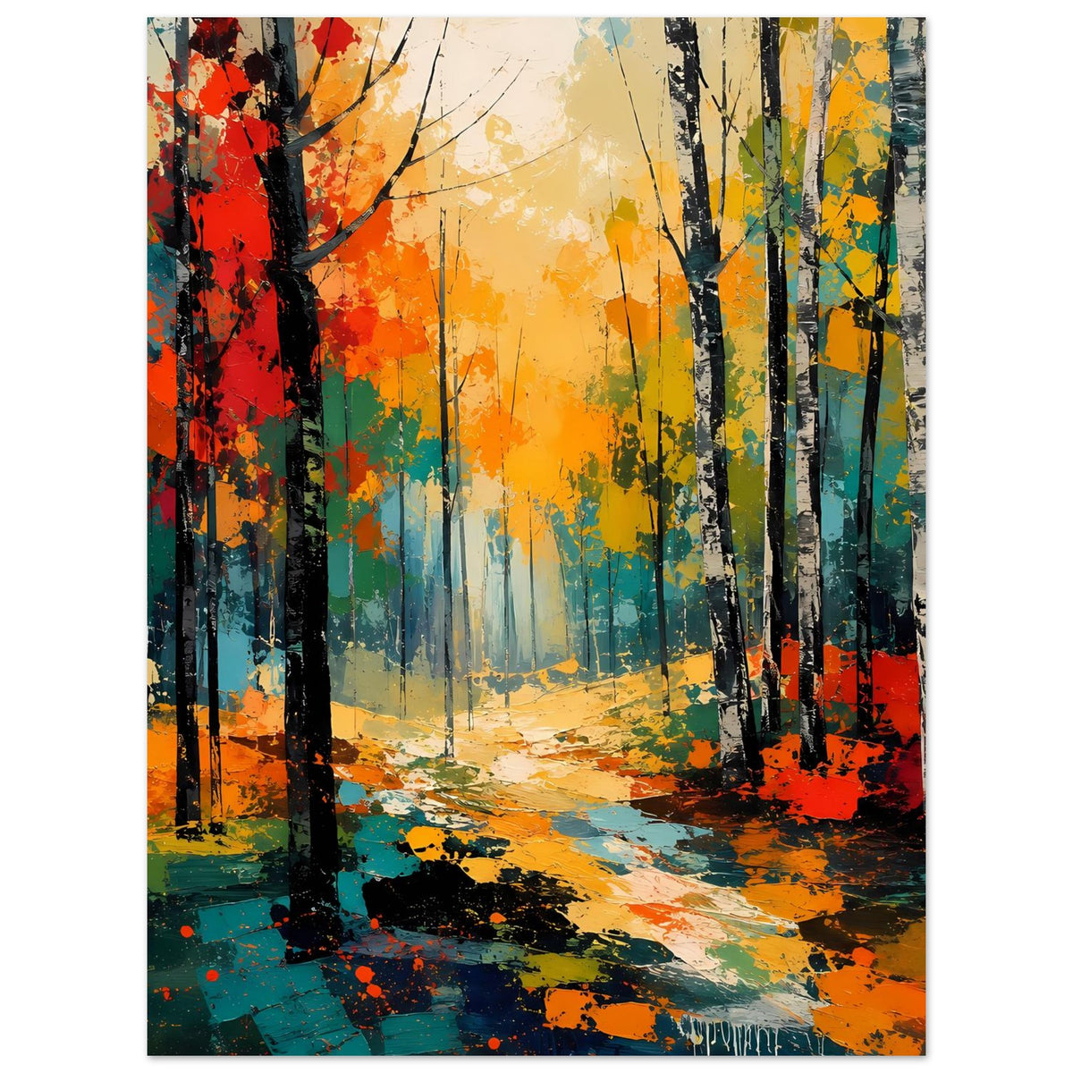 Herbstwald-Poster mit farbigen Baumstämmen, nebligem Licht und abstraktem Pfad im Wald