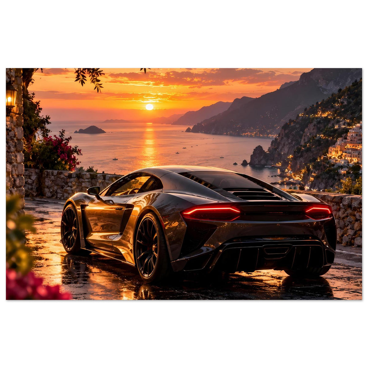 Sportwagen-Sunset-Poster im Querformat: silberner Supercar mit roten Rücklichtern im Sonnenuntergang