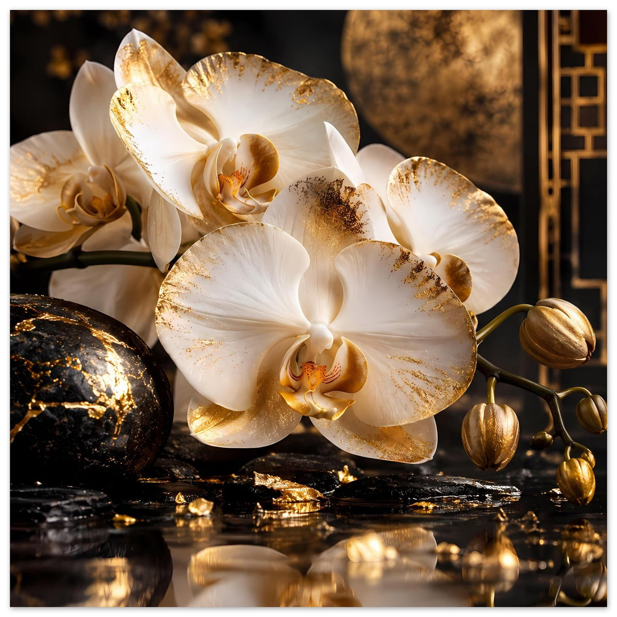 Orchideenposter mit weißen Blütenblättern, goldenen Rändern und funkelnden Highlights