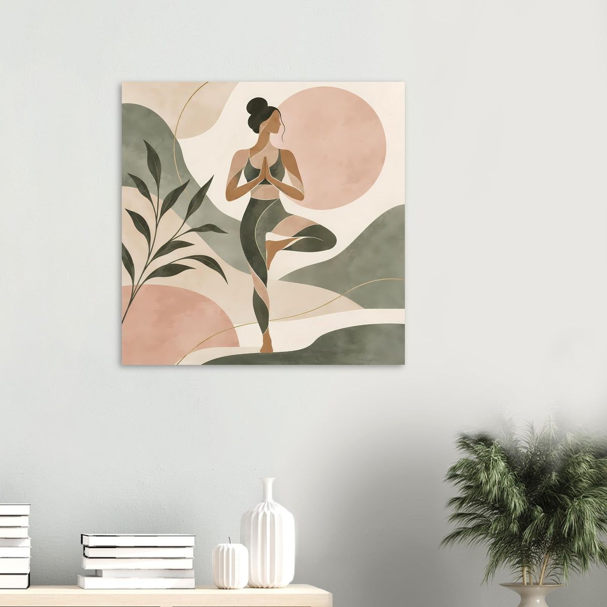 Abstraktes Yoga-Poster mit meditierender Figur in Salbeigrün und Rosé