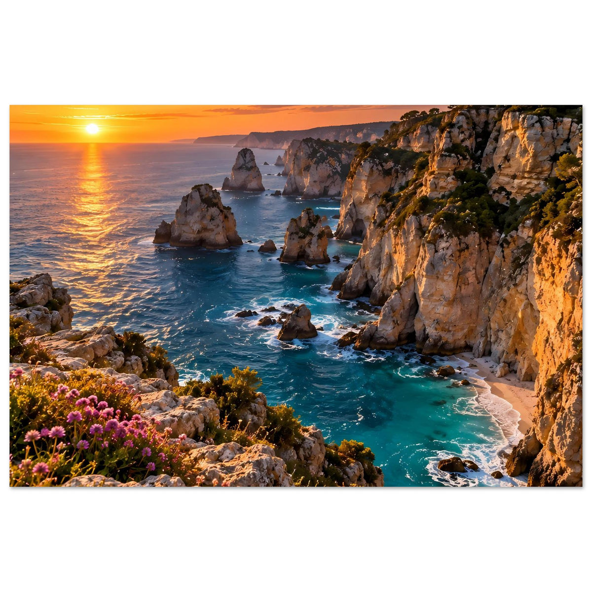 Horizontales Küstenposter mit Felsen, türkisfarbenem Wasser und goldenem Sonnenlicht