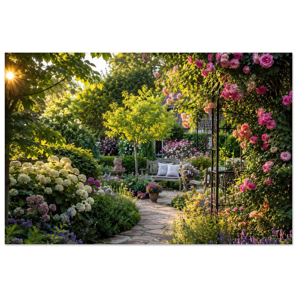 Blumenmotiv-Poster mit Gartenweg und blühenden Rosenbögen, umgeben von Grün