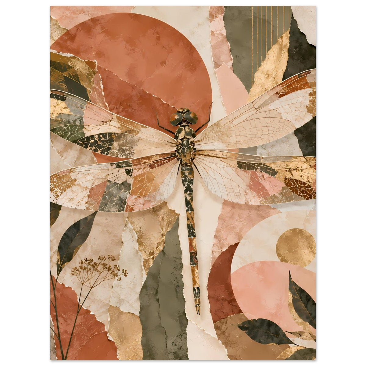 Boho-Drachenfliegen-Poster mit zentraler Libelle, Flügeln und floralen Collage-Elementen
