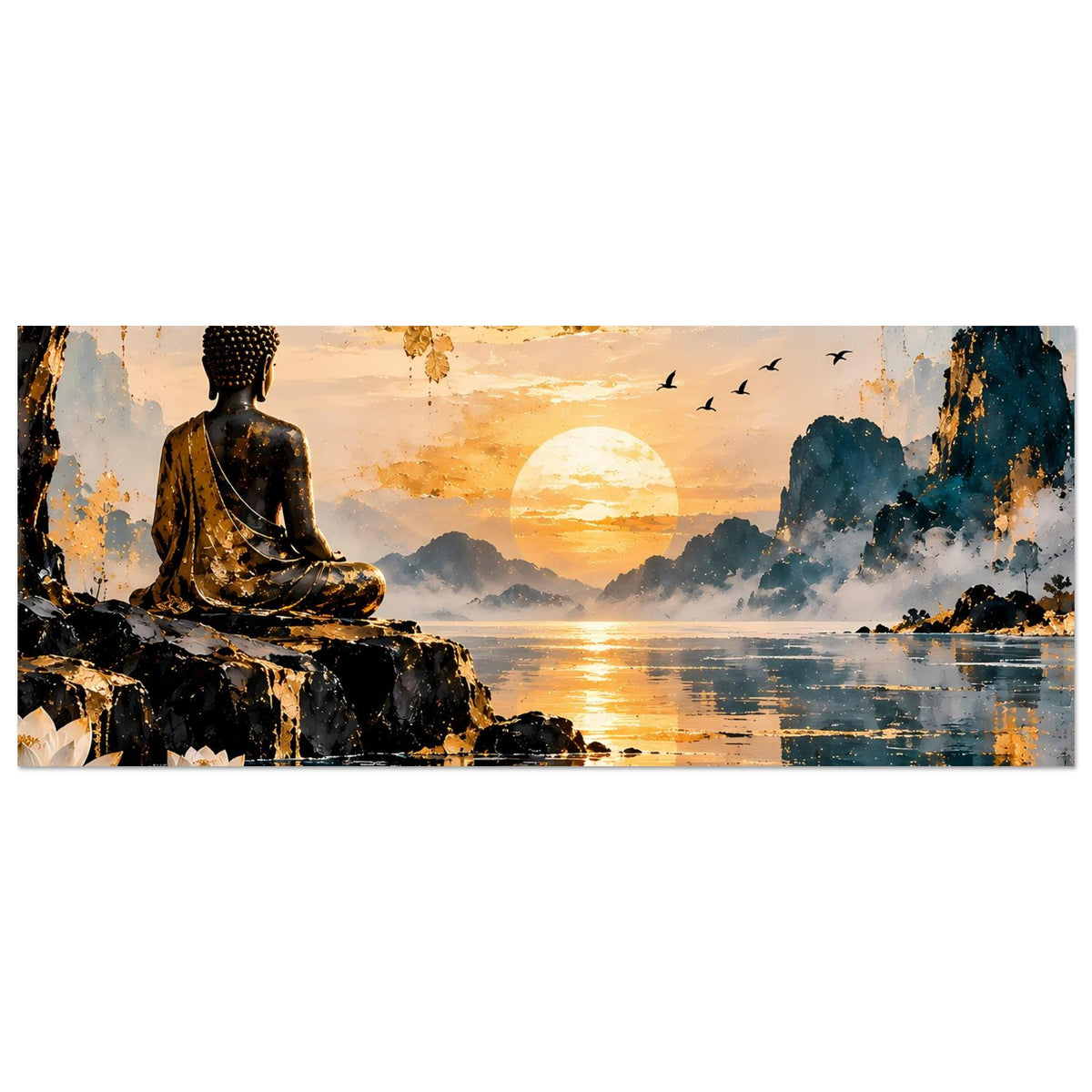 Buddha-Wandposter im Querformat mit sitzendem Buddha, Sonne am Wasser und Lotus