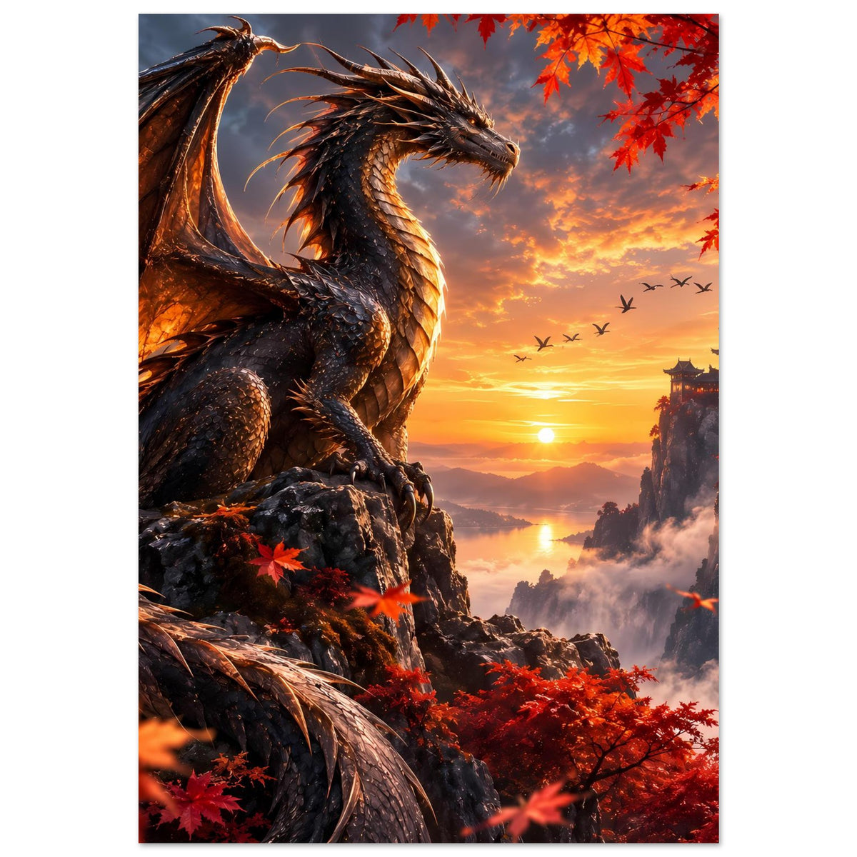 Poster mit Drachen auf Felsbrocken, rotes Herbstlaub und Blick in die Tempellandschaft