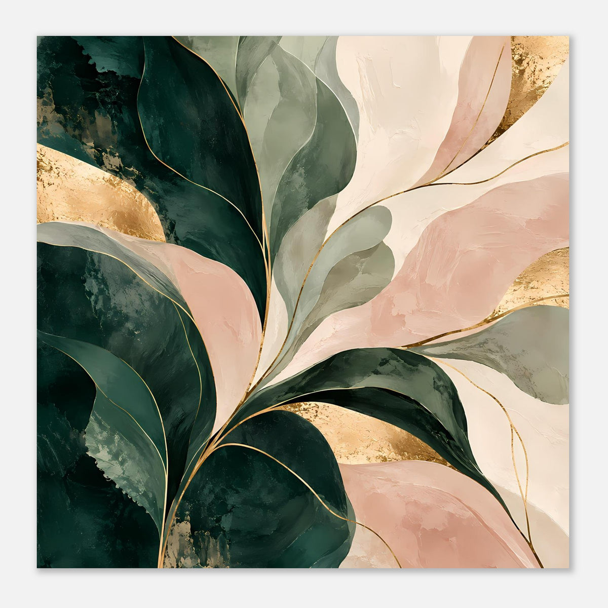 Abstraktes Kunstposter mit smaragdgrünen, roséfarbenen und goldenen Blättern