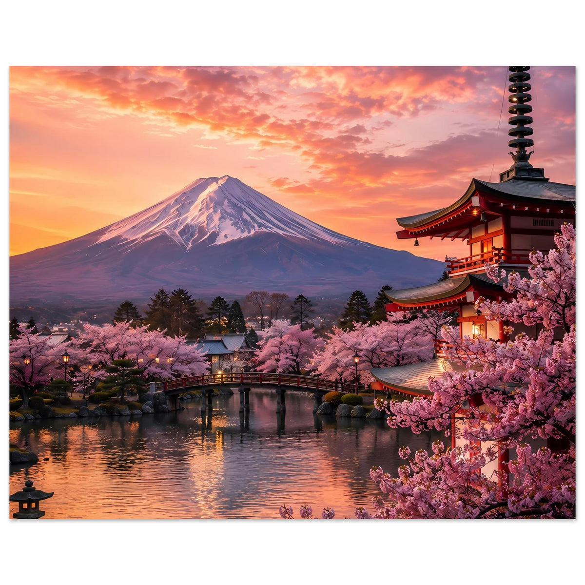 Poster mit Berg Fuji, Pagode und Kirschblüten am Fluss im warmen Abendlicht