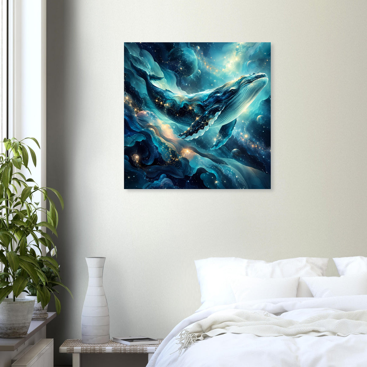 Quadratisches Poster mit blauem Wal und Sternenmeer, goldene Akzente