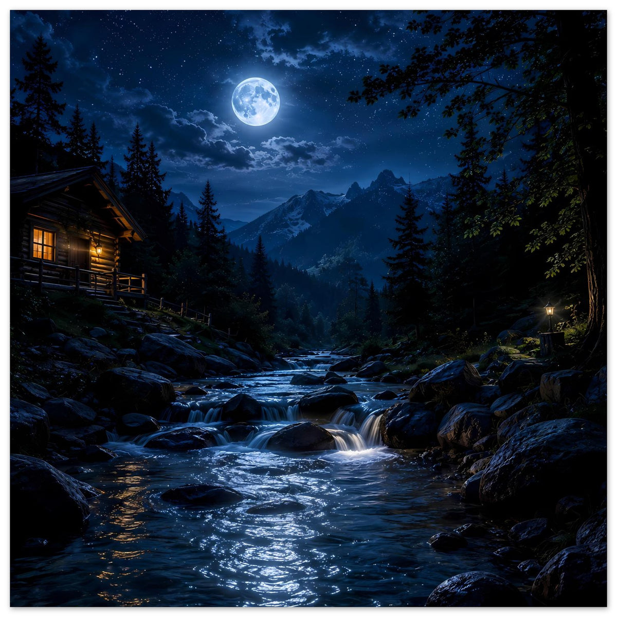 Horizontales Poster: Vollmond über Bachlauf im dunklen Tannenwald, leuchtendes Wasser