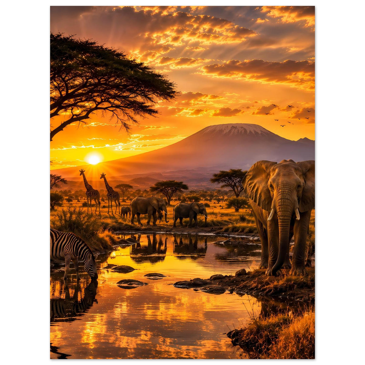 Hochformatiges Wildlife-Poster: Elefant rechts, Zebras links unten, Giraffen im Hintergrund