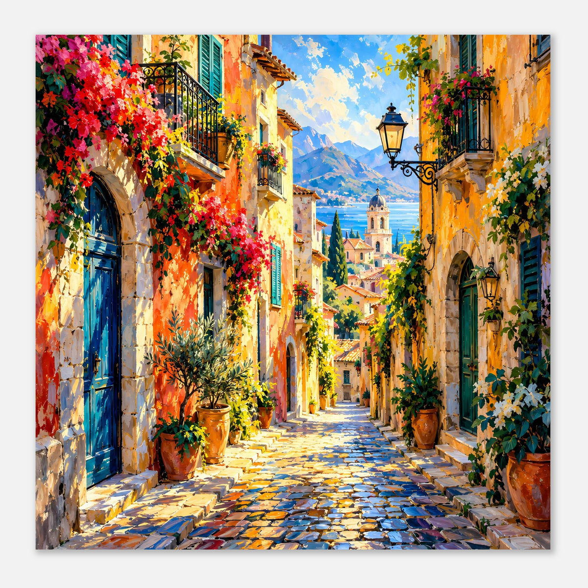 Poster mediterrane Gasse mit hohen Bögen, Blumendekor und Kopfsteinpflaster