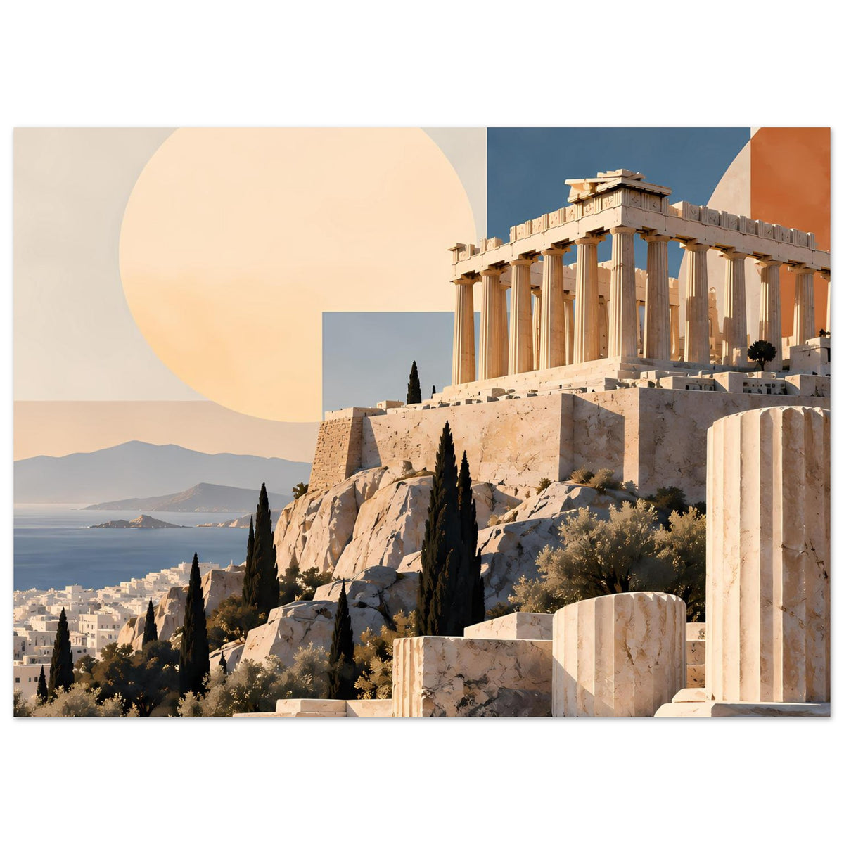 Griechenland-Poster im Querformat: Tempel mit Säulen, Olivenbäume, Berge und Kreisform