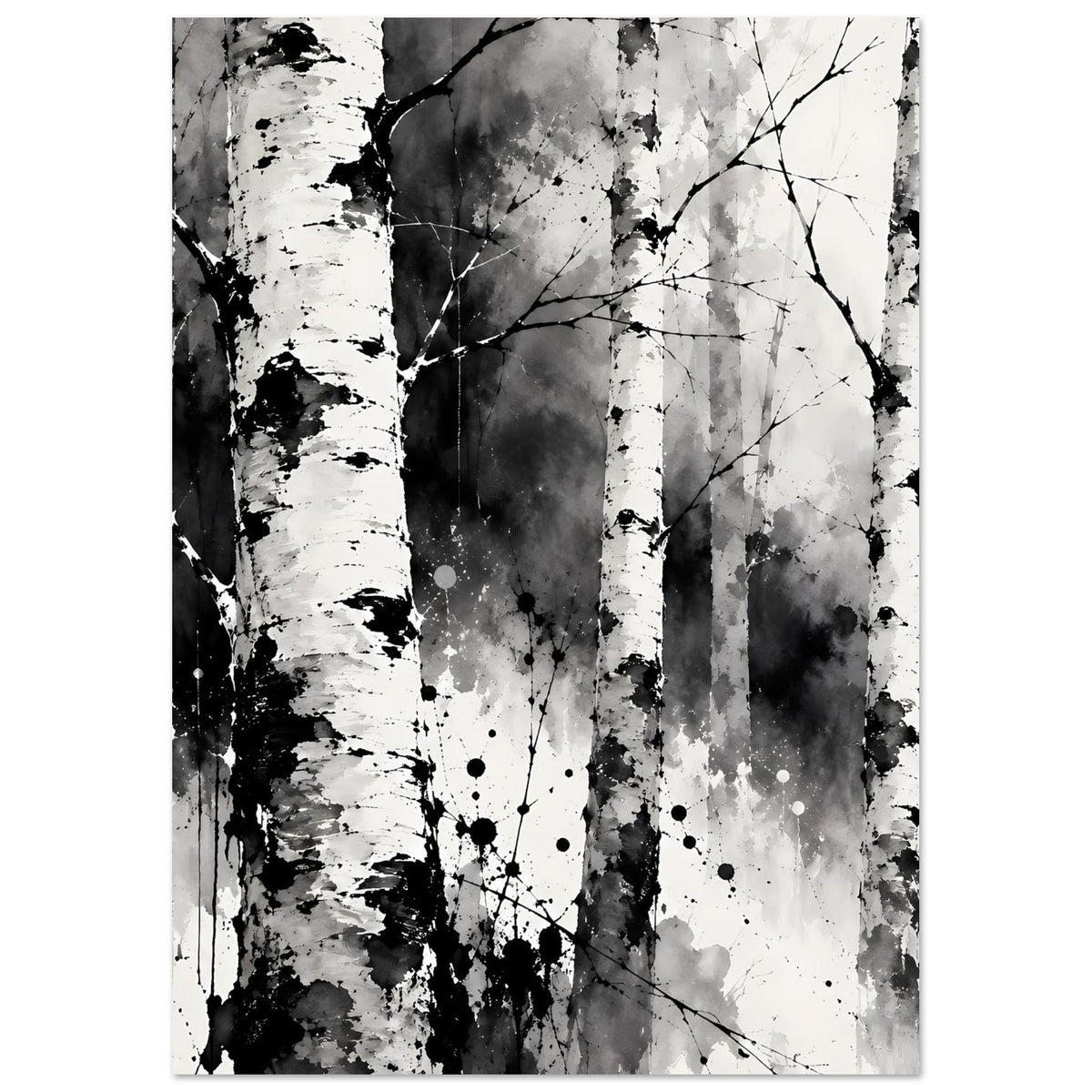 Poster mit Birkenwald-Motiv in Schwarzweiß, dunkle Stämme und helle Flächen, zentral