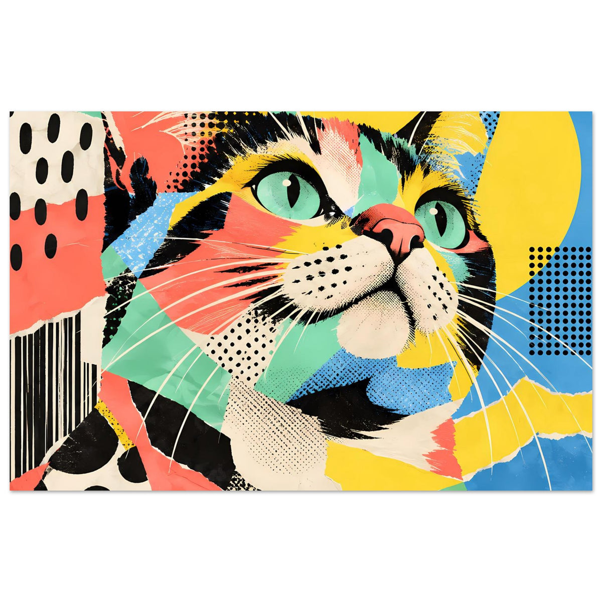 Pop-Art-Katzenposter mit buntem Gesicht, Dreiecks- und Punktmustern, Querformat