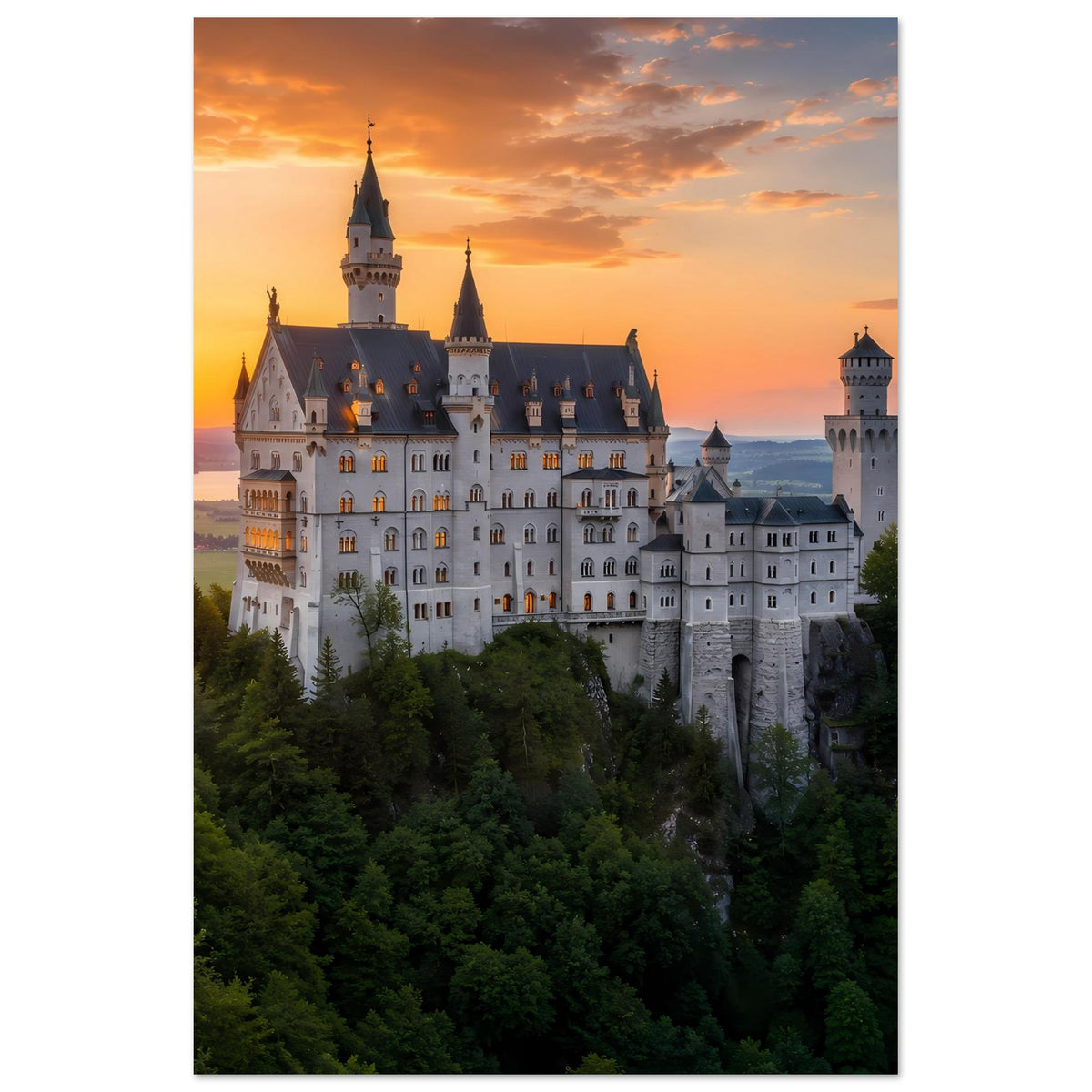 Kunstposter (hochkant) mit Schloss im Sonnenuntergang, Türme ragen über grünen Baumwipfeln