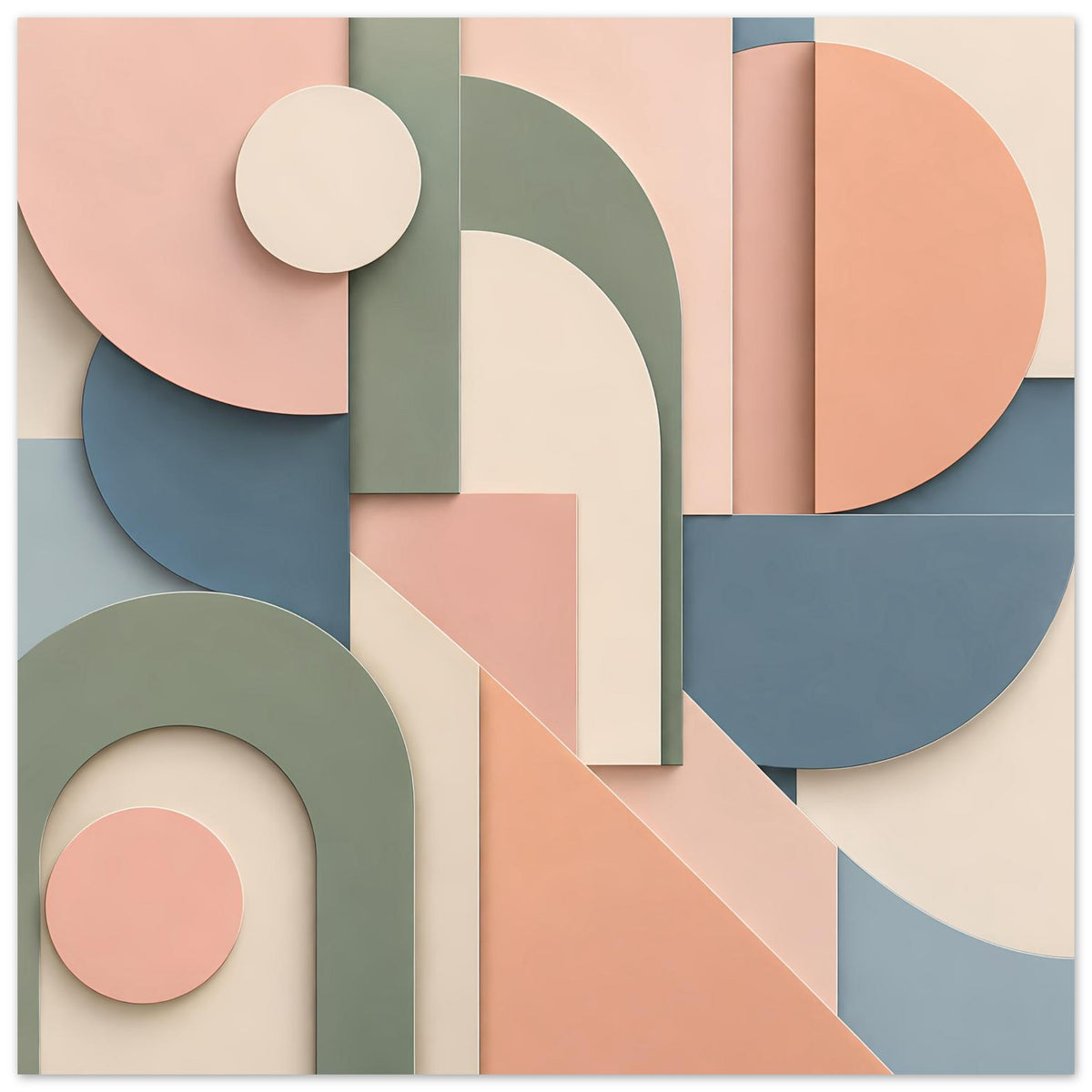 Kunstposter mit abstrakten Kreisen und geschichteten Formen in Pastellfarbpalette