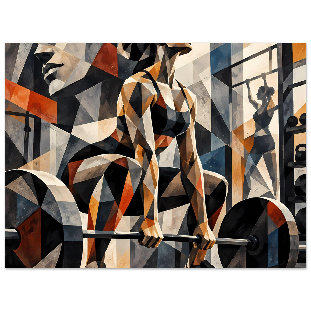 Fitness-Poster im Querformat mit Sportlerin beim Hantelheben, geometrische Figuren in Schwarz und Beige