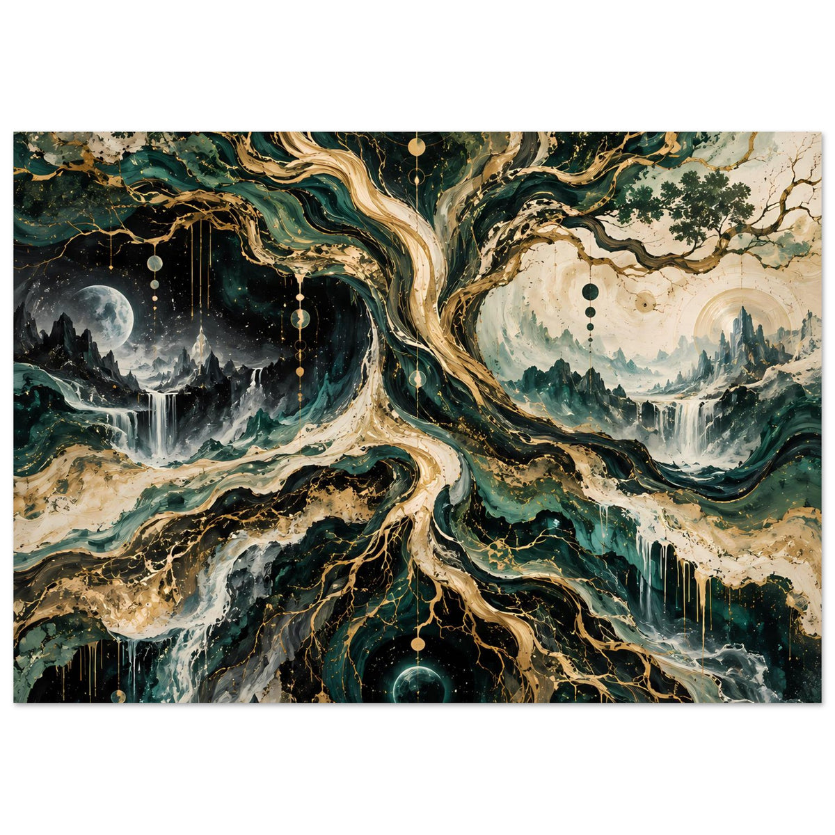 Horizontales Poster mit kosmischem Baum, goldgrünen Adern, Mond links und Wasserfällen