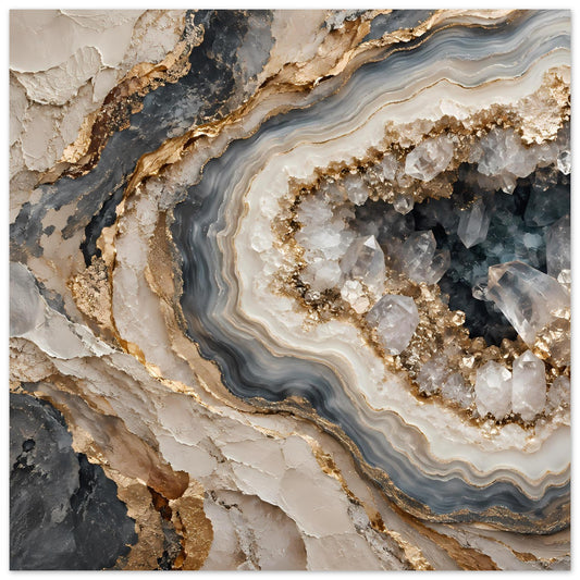 Geoden-Poster mit geodeartigen Schichten in Creme, Rauchgrau und goldenen Akzenten