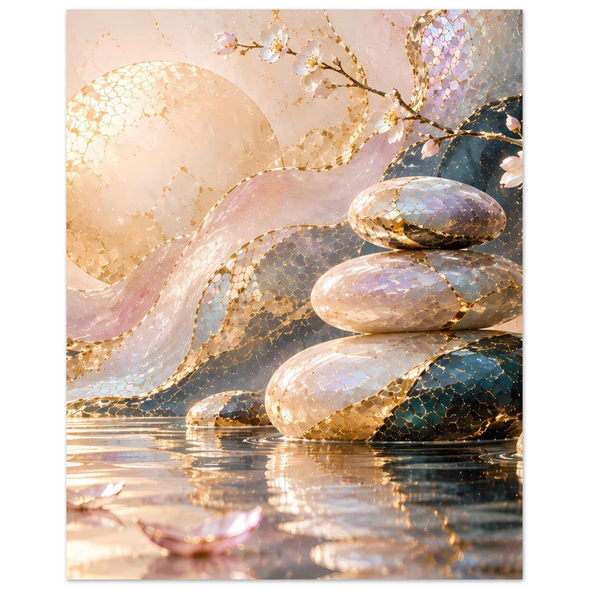 Hochformat-Poster mit Zen-Design: Steine auf Wasser, goldfarbene Akzente, Blütenzweige