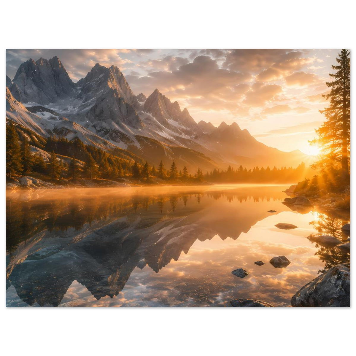 Horizontales Poster mit Bergsee bei Sonnenaufgang, spiegelnder See, Fels und Tannen
