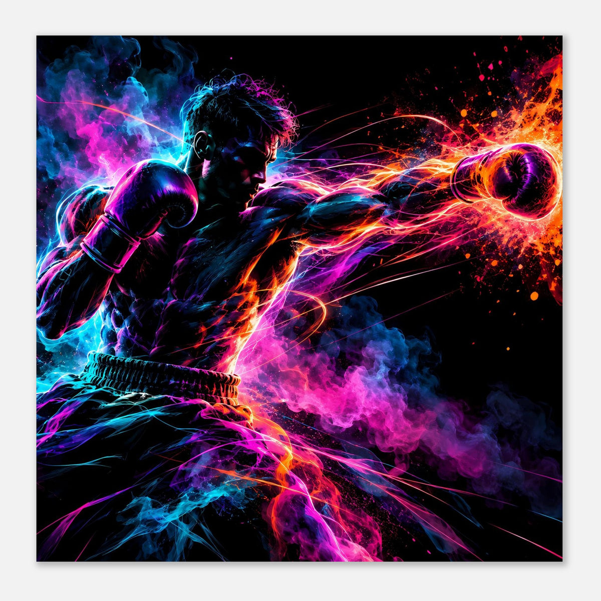 Neon-Boxer-Poster als große Ansicht: Nahbild Kämpfer, Boxhandschuhe, Lichtwirbel