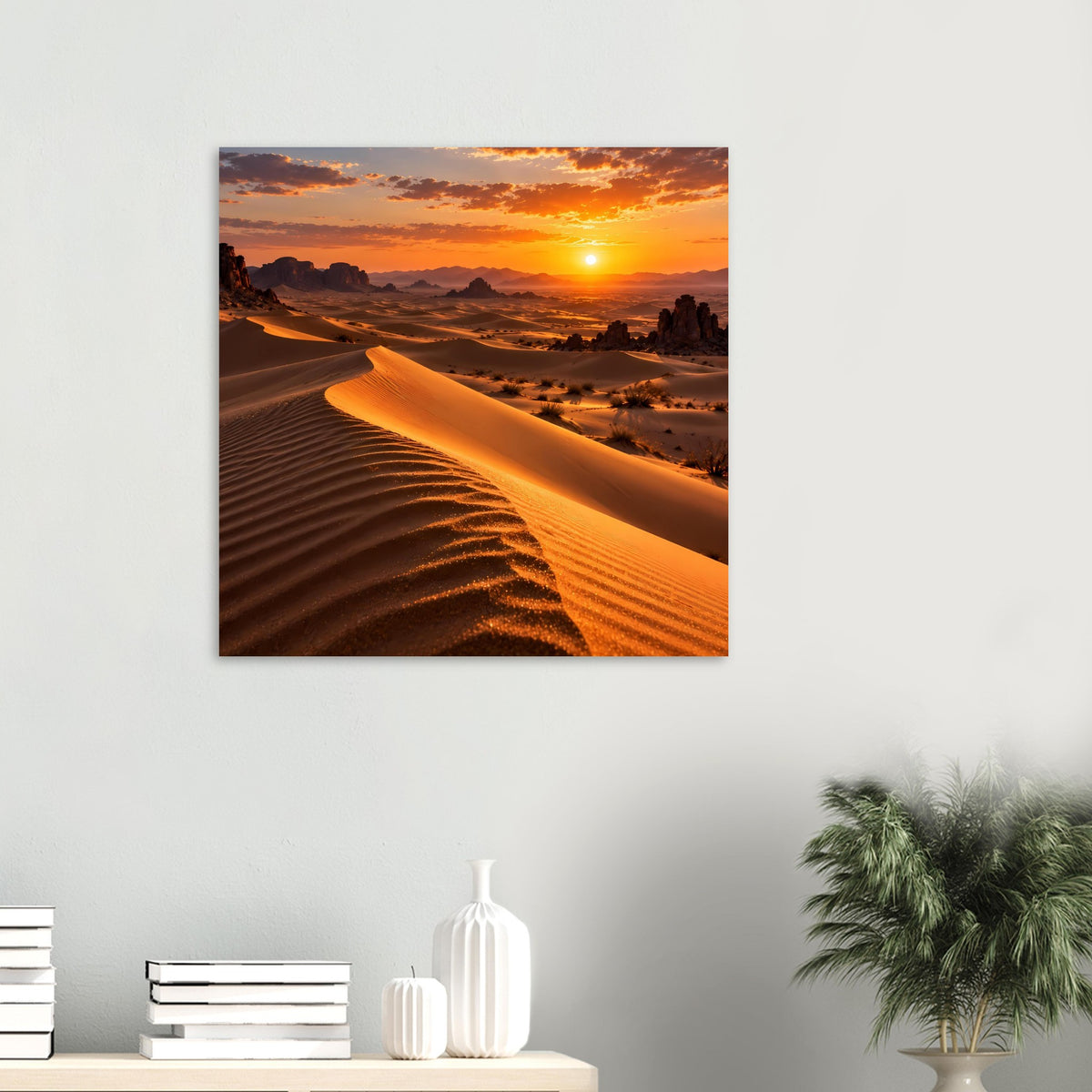 Wüstenlandschaft-Poster mit Sonnenuntergang: goldene Dünen und tiefroter Himmel
