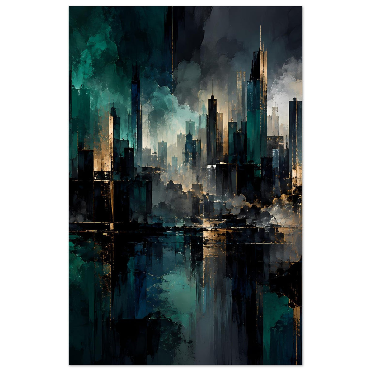 Abstraktes Stadtposter im Hochformat: türkis-blaue Skyline mit goldenen Linien und Nebel