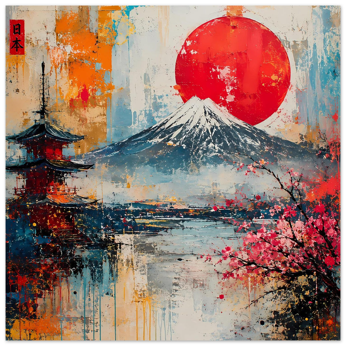Japanisches Landschafts-Poster mit Fuji, roter Sonne, Kirschblüten und Pagode im Vordergrund